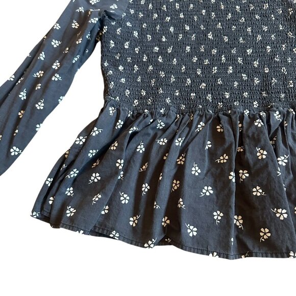 Marine Layer Grey Floral Print Long Sleeve Shirt Fit & Flare Smocked Size Large - Picture 4 of 12